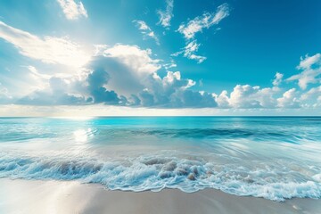 Obraz premium Escape to a tropical island paradise and relax on a serene beach with a breathtaking seascape, where the vast sea meets the endless horizon under a clear blue sky.