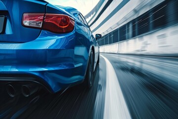 Fototapeta premium The sleek blue business car speeds down the highway, its tires gripping the asphalt as it takes a sharp turn, leaving other vehicles in its wake.