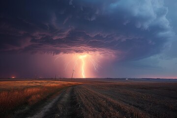 Naklejka na ściany i meble Nature's fury electrifies the sky as a dazzling lightning bolt pierces through stormy clouds, illuminating the outdoor landscape with a powerful display of thunder and awe