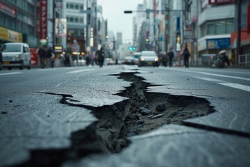 In a bustling city, a long crack runs down the street, evidence of earthquake damage to the asphalt road, causing traffic problems and danger.