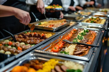 Obraz premium Enjoy a lavish spread at the buffet with bar-b-q grilled meats, a selection of salads, and sweet treats at your next wedding or festive event.