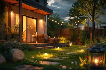 Fototapeta premium Enjoy a summer evening on the patio of a luxurious suburban home, surrounded by a beautifully designed garden. The backyard is a cozy oasis with modern style and elegant lighting.