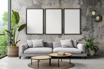 Create a modern and stylish living room with a black poster frame on a white wall, adding a touch of art and design to your interior space.