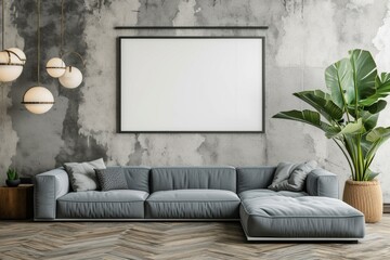 Create a modern and stylish living room with a black poster frame on a white wall, adding a touch...