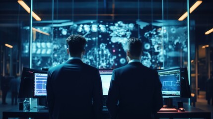 Fototapeta premium IT specialists confer at a meeting and discuss news in the computer industry