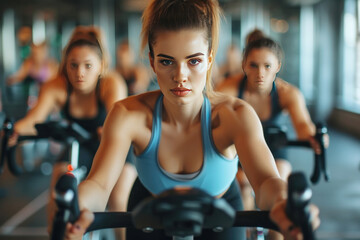 Beautiful fitness girl during cycling class indoors