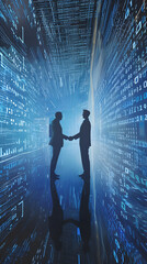 two businessman shaking hands in front of a digital background with data