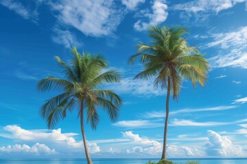Sun-kissed palm trees sway against the vibrant sky, framing a tranquil beach scene perfect for a tropical vacation