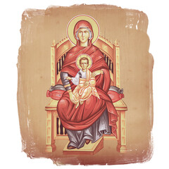 St. Maria with kind- Jesus sitting on the throne. Christian illustration in Byzantine style isolated