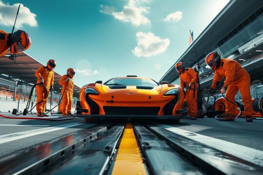 A professional pit crew waits in anticipation as their Formula 1 race car zooms into the pit lane for a speedy and efficient pit stop, showcasing ultimate teamwork. © tonstock