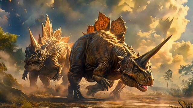 The ground trembles as the two dinosaurs charge towards each other their horns aimed straight at the others thick shieldlike frill.