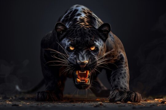 The sleek black panther crouches in the darkness, its piercing eyes scanning the jungle for prey. This majestic predator is the epitome of strength and beauty.