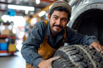 A rugged man, with a friendly smile and dressed in practical overalls and a hat, proudly holds a tire in an indoor setting