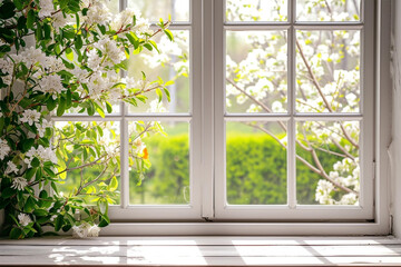 Fototapeta na wymiar White tall window sill with spring garden on background