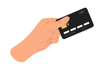 Human hand holds atm credit or debit card. Black plastic bank card in hand isolated on white background. Banking, finance, money and payment concept. Colored flat vector illustration