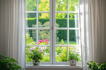 Fototapeta na wymiar White tall window sill with summer garden on background