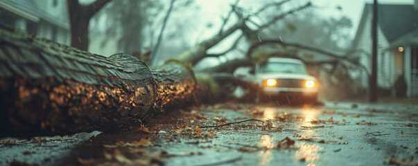 A tree felling after a hurricane on a car and a house . The consequences of the raging disaster.