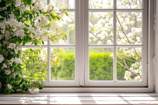 Fototapeta White tall window sill with spring garden on background