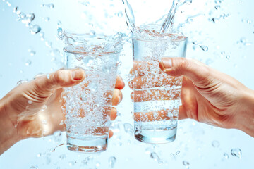Two hands holding glasses being filled with healthy water with splashes against a blue background . Concept wellness communication, hydration for all life, clear water. © Arttali_Neuro