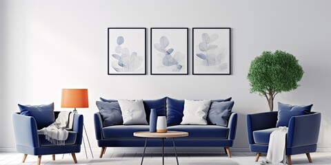 Navy blue armchair, sofa, and posters in white living room.
