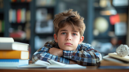Education And Learning Concept. Portrait of tired and bored boy sitting at desk