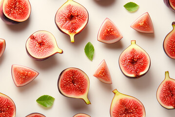 Colorful fruit pattern of fresh figs on white background, top view, flat lay