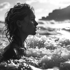 Black and white portrait of a young woman immersed in water. Waves wash her face, Concept: personal freedom, meditation and connections with nature
