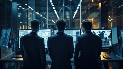 Fototapeta premium IT specialists confer at a meeting and discuss news in the computer industry