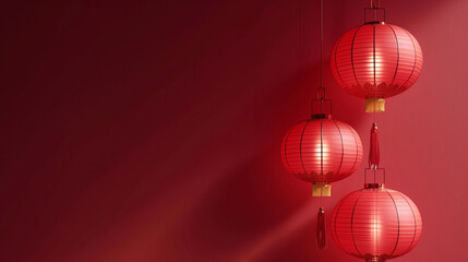 Chinese New Year - Paper Lanterns Glowing Against Vibrant Red Background - Holiday Theme - With Copy Space - Simple and Minimalist