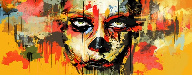 painting style illustration of punk man serious face abstract face graffiti style, color splash and grungy dirty stain, Generative Ai	
