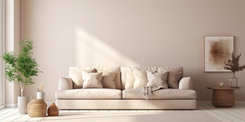 Fototapeta na wymiar Beige sofa in chic studio apartment interior.