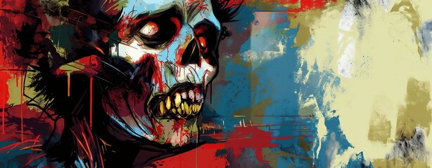 painting style illustration of punk zombie abstract face graffiti style, color splash and grungy dirty stain, Generative Ai	
