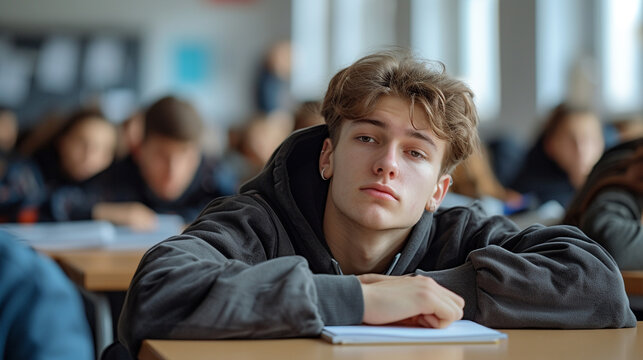 Education And Learning Concept. Portrait of tired and bored student sitting at desk