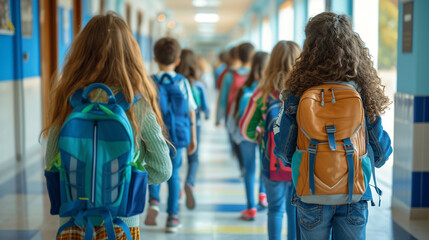 school students walk down the school corridor together