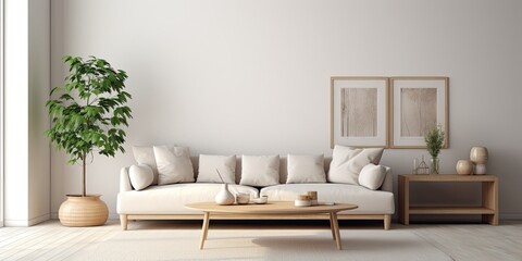 Fototapeta premium Living room featuring a stylish sofa and table.