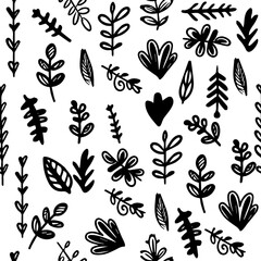 Seamless pattern  abstract hand drawn scribble doodles leaves, grass
