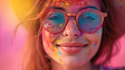 Holi Day, Splashing colours in young woman face in the glasses in Holi day, Indian festival, portrait of a woman with painted face, Holi Festival Of Colours, traditional hindu sari on holi color