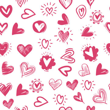 Seamless pattern hand drawn scribble doodles red hearts