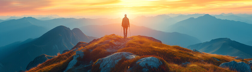 An individual trekker stands on the crest of a mountain range, gazing into the sunset that paints the sky in warm hues.