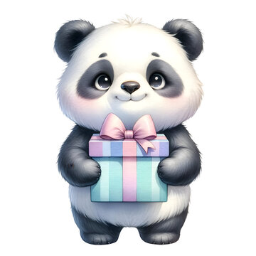 Cute pastel watercolor animal character holding gift or present for birthday party clipart of panda