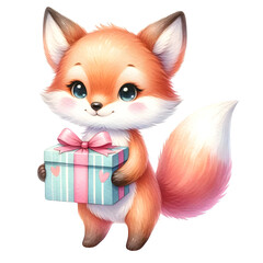 Cute pastel watercolor animal character holding gift or present for birthday party clipart of fox