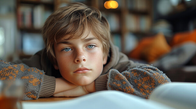 Education And Learning Concept. Portrait of tired and bored boy sitting at desk