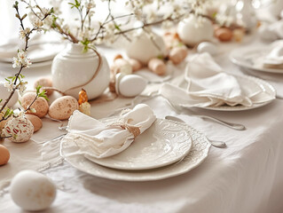 Easter eggs in a decorative festive table setting with spring flowers and beautiful dishes