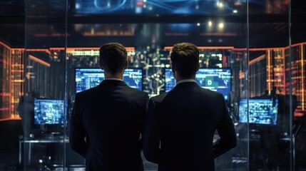 IT specialists confer at a meeting and discuss news in the computer industry