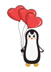 Cute cartoon penguin with balloons. Happy Valentine's day greeting card. Illustration for posters, greeting cards and seasonal design.