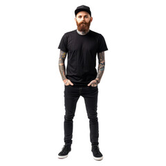 Full body young happy bearded tattooed man 20s he wears casual black t-shirt cap