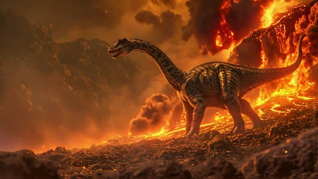 A juvenile brachiosaurus separated from its herd bravely navigating treacherous terrain as it searches for safety from the encroaching lava flow.