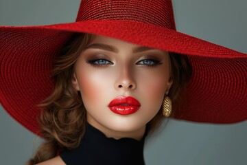 A stylish woman stands confidently in an indoor setting, her red fedora adding a pop of color to her fashionable outfit and accentuating her bold red lips