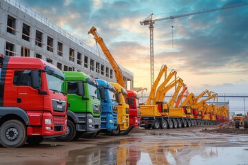 A vibrant lineup of trucks stands against the vast blue sky, ready to conquer the open road with their sturdy wheels and powerful construction equipment, surrounded by fluffy clouds and towering cran - obrazy, fototapety, plakaty