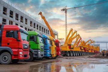Fotobehang A vibrant lineup of trucks stands against the vast blue sky, ready to conquer the open road with their sturdy wheels and powerful construction equipment, surrounded by fluffy clouds and towering cran © Sasa